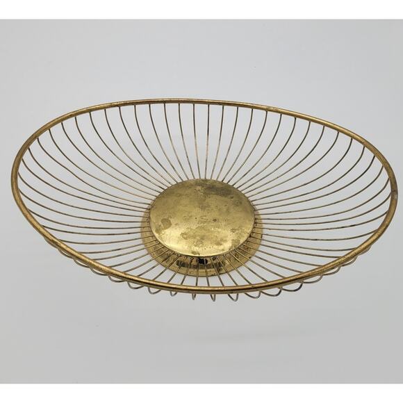 Vintage Mid Century 60s Wire Bread Basket Fruit Bowl MCM Oval Gold Tone Italy - Picture 1 of 16